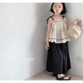 [B&G] Sét Áo 2 dây bèo nhún phối quần ống rộng chấm bi dài cho bé diện đi chơi, đi biển hay dạo phố