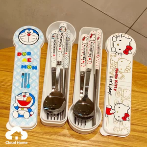 🌤️COD🌤️Doraemon/helloty Bộ Đũa Thìa Dĩa Hoạt Hình Ngộ Nghĩnh Chất Liệu Thép Không Gỉ Kèm Hộp Đựng Tiện Lợi