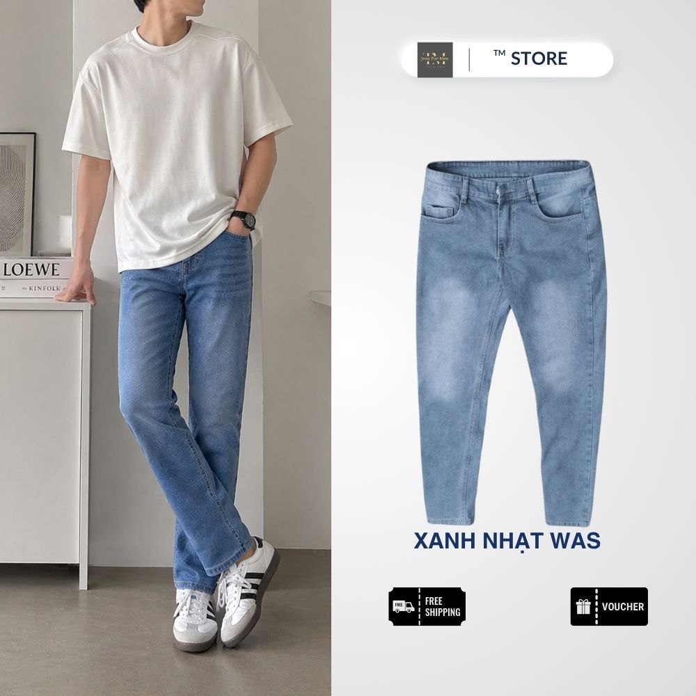 Quần Jean Nam Co Giãn Form Slimfit, Xanh Nhạt Wash Sáng Trẻ Trung