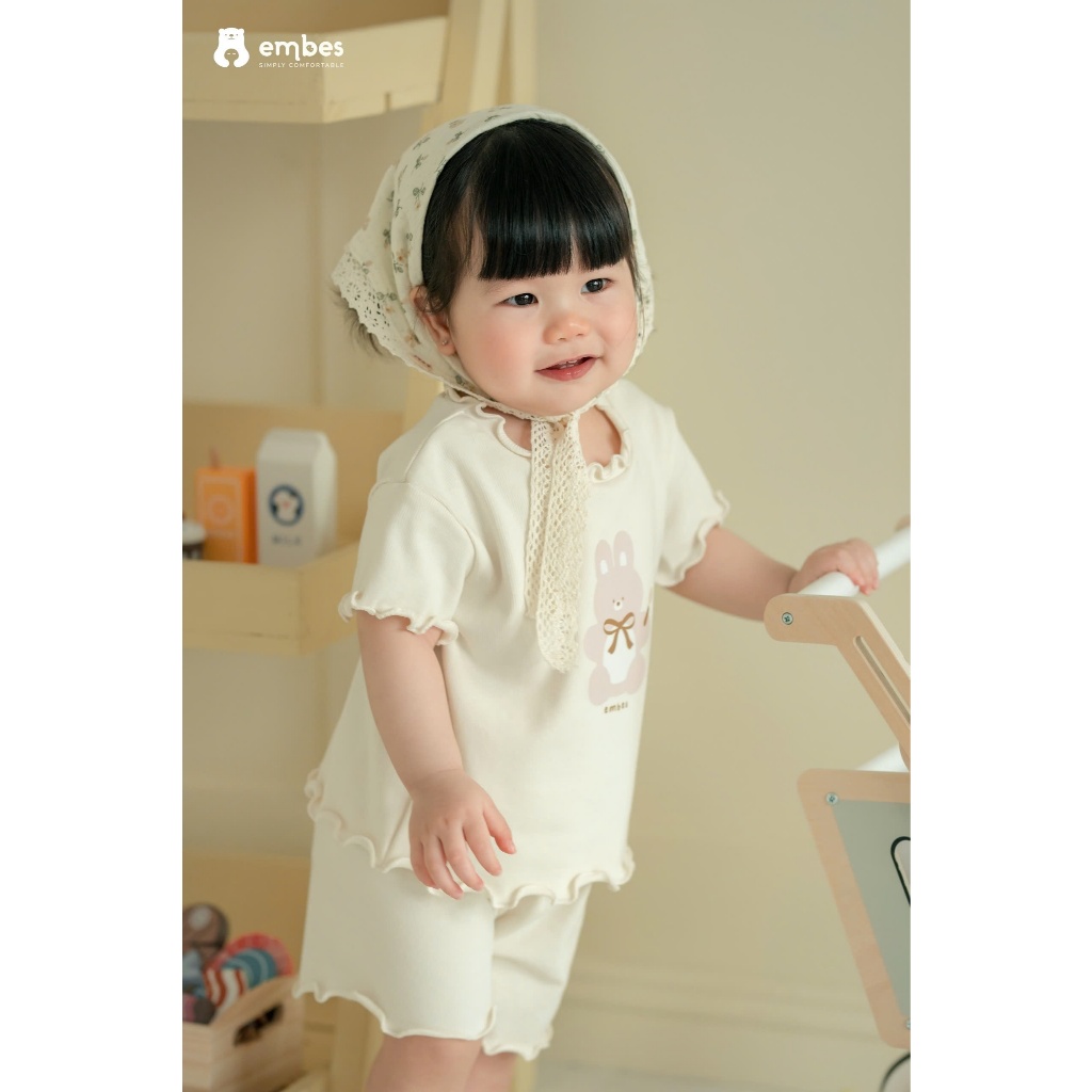 Bộ Cộc Bé Gái Embes, Bộ Cộc Tay Họa Tiết Hình In Viền Bèo Chất Mềm Mát Cho Bé Gái Size Từ 8-17Kg