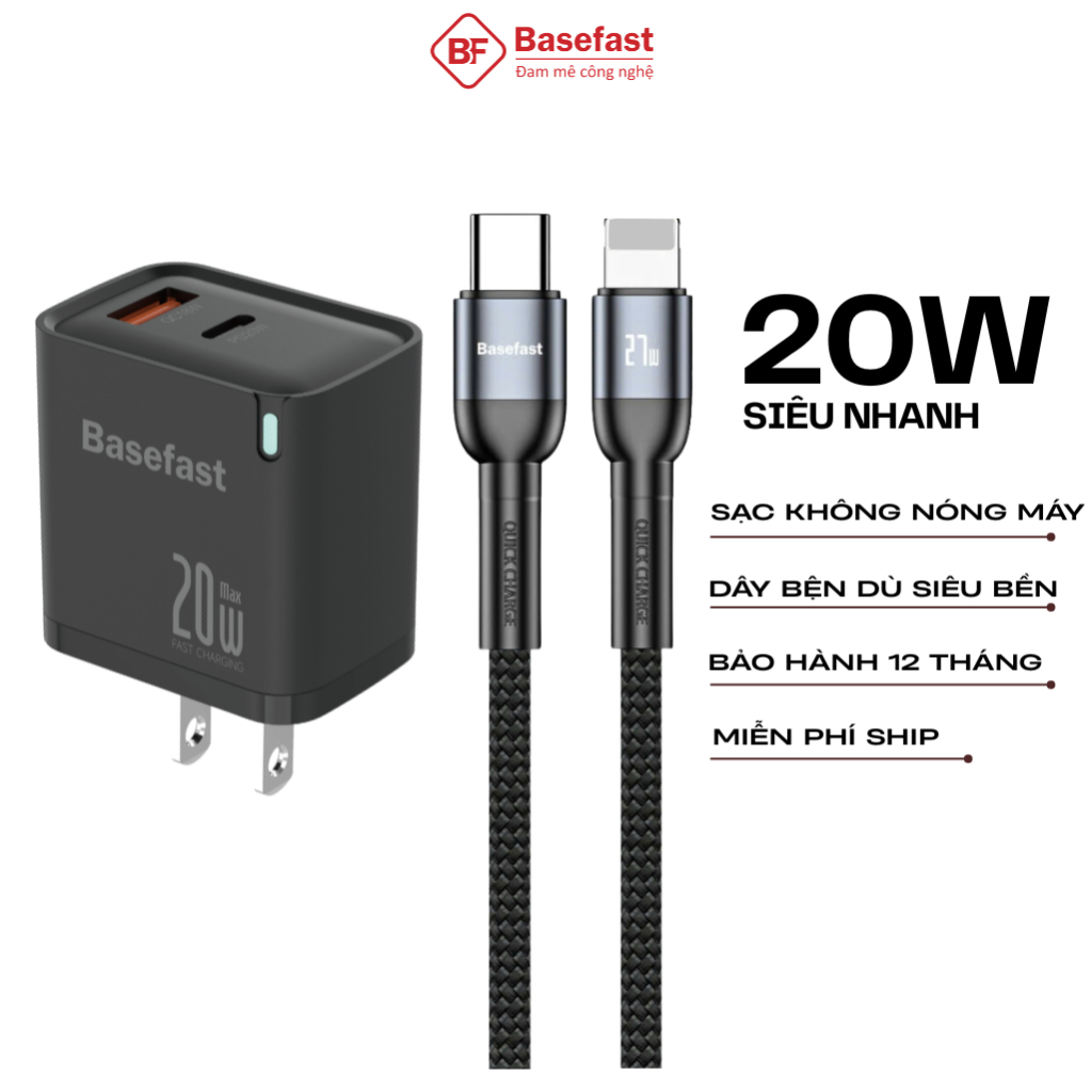 Combo Bộ sạc nhanh 20W 30W Basefast củ sạc 2 Cổng kèm dây dù siêu bền dùng cho Phone 11 12 13 14 Pro
