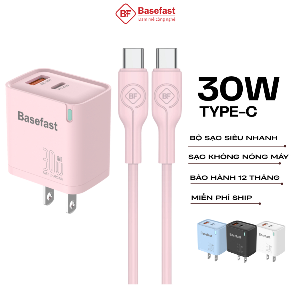 Bộ sạc nhanh type C 30W 2 cổng Basefast Combo Cốc 30W kèm dây silicon cho iP 15 16 17 18 samsung
