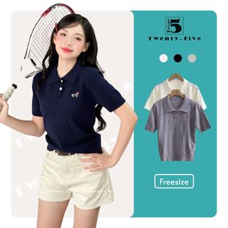 Áo len tăm nữ ngắn tay thời trang cổ cúc trước ngực thêu hình cún vằn đen dễ thương trẻ trung Twentyfive Fashion 6896