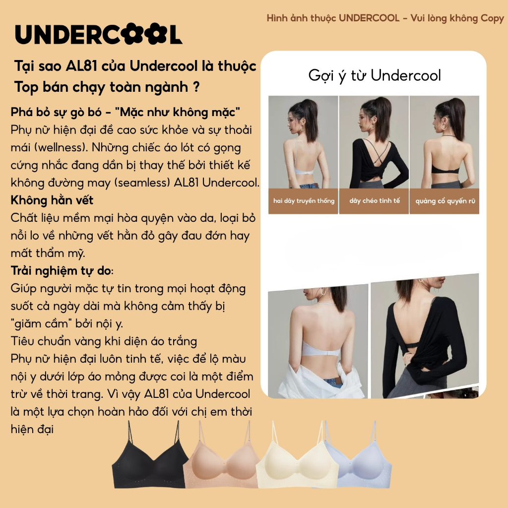 Áo Lót Ngực Bra Nữ UNDERCOOL - Áo Ngực Su Không Gọng Seamless, Đệm Mút Cố Định, Mềm Mại Thoáng Khí Chống Lộ AL81