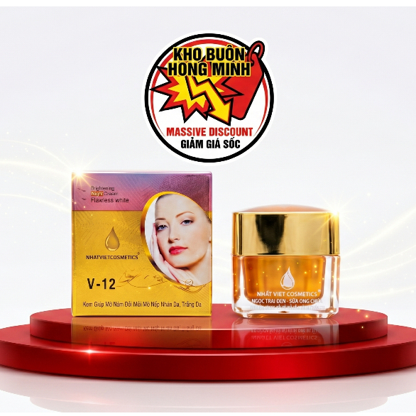 Kem Nhật Việt V12 (Vàng Hồng) Ngọc Trai Đen Sữa Ong Chúa Giúp Giảm Nám Tàn Nhang 13g