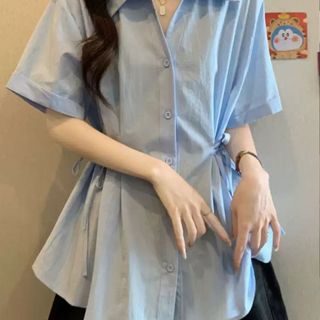 Áo sơ mi nữ form rộng có dây eo hai bên chất đũi đen trắng xanh thanh lịch VANISA CT488