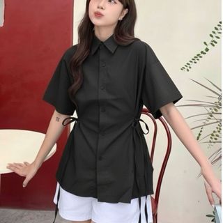 Áo sơ mi nữ form rộng có dây eo hai bên chất đũi đen trắng xanh thanh lịch VANISA CT488