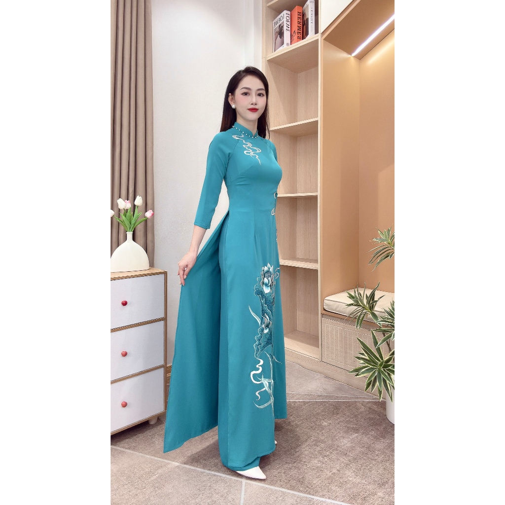 Áo Dài Lụa Mỹ Cao Cấp Họa Tiết Thêu Thủ Công Tỉ Mỉ - Mã M9