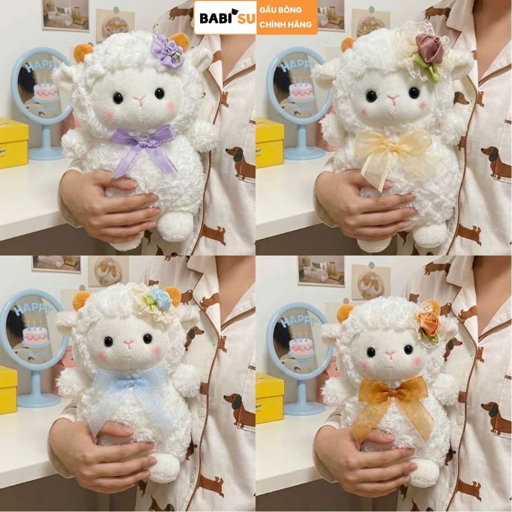 Gấu Bông Cừu Mini Đính Hoa Siêu Đáng Yêu, Thú Nhồi Bông Cừu Trắng Mềm Mại Quà Tặng Cho Bé, Decor