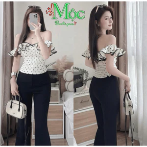 CR_ Set tiểu thư sang chảnh, set đồ slay du lịch hè xinh áo trễ vai bi bèo mix quần dài loe