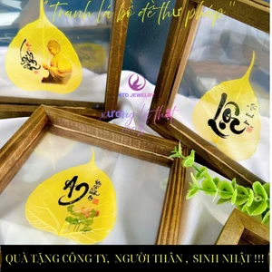 Tranh Lá Bồ Đề KATEDA Chữ Thư Pháp để bàn làm việc, trang trí, có hộp đi kèm làm quà Biếu, Tặng