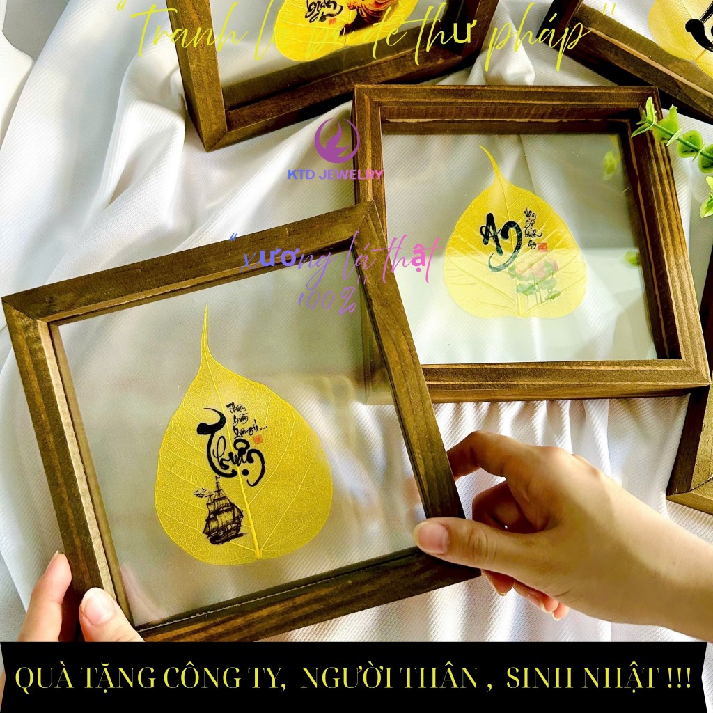 Tranh Lá Bồ Đề KATEDA Chữ Thư Pháp để bàn làm việc, trang trí, có hộp đi kèm làm quà Biếu, Tặng
