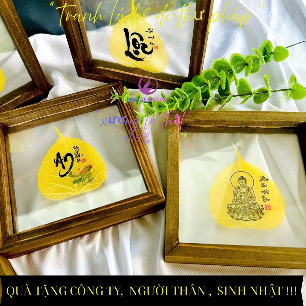 Tranh Lá Bồ Đề KATEDA Chữ Thư Pháp để bàn làm việc, trang trí, có hộp đi kèm làm quà Biếu, Tặng
