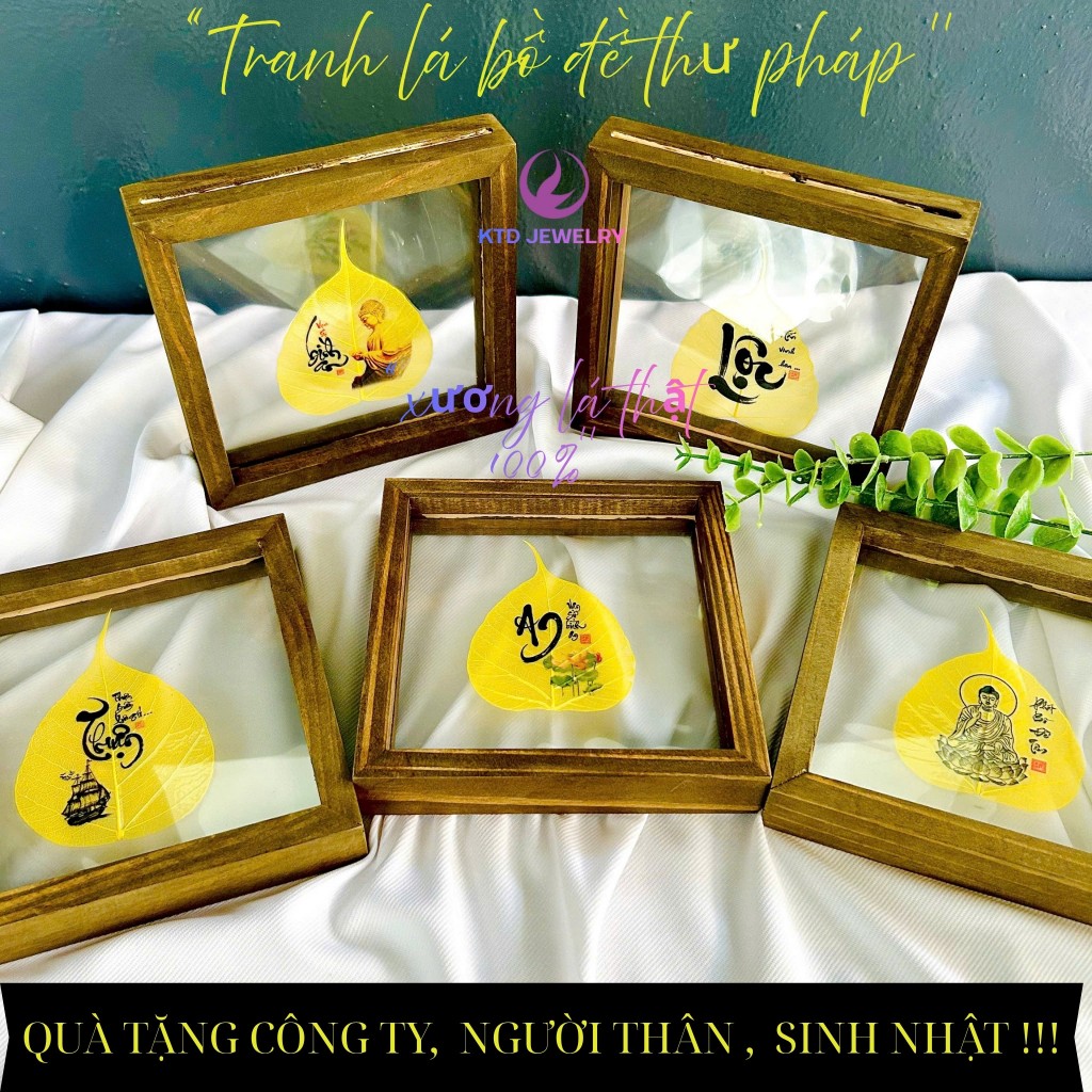 Tranh Lá Bồ Đề KATEDA Chữ Thư Pháp để bàn làm việc, trang trí, có hộp đi kèm làm quà Biếu, Tặng