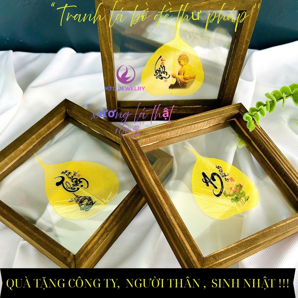Tranh Lá Bồ Đề KATEDA Chữ Thư Pháp để bàn làm việc, trang trí, có hộp đi kèm làm quà Biếu, Tặng