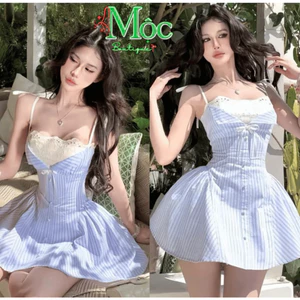 DX_ Đầm váy dài, đầm mặc hè thiết kế Lụa buộc hai dây sọc xanh đính nơ chiết eo bồng