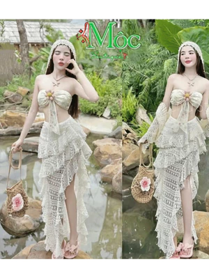 QC_Set 3 món đi biển, đồ nữ đi biển Ren bra đính hoa dây tua rua phối chân váy Lưới chéo kèm khăn