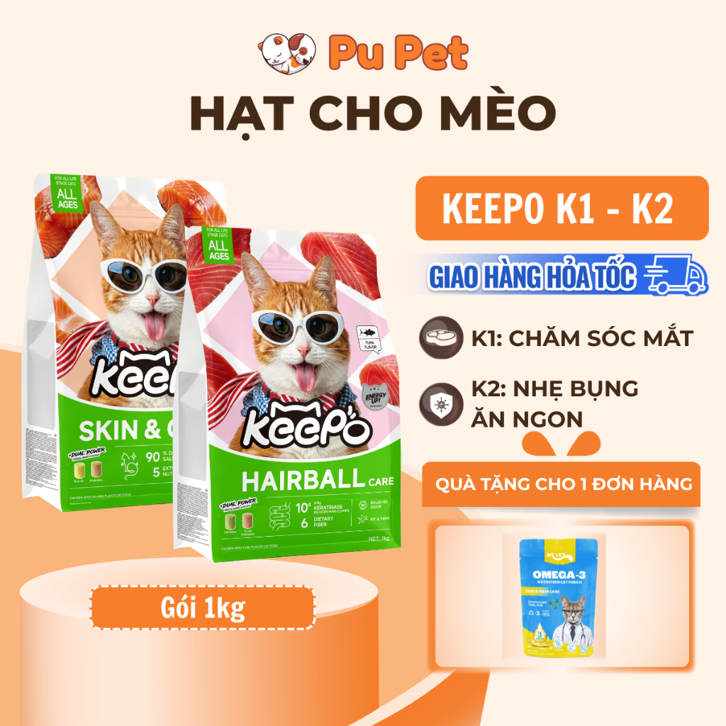 Thức ăn cho mèo Keepo K1/K2 Đẹp da, Mượt lông, Tiêu & Giảm búi lông, Tiêu hóa khỏe mạnh, Gói 1kg