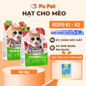 Thức ăn cho mèo Keepo K1/K2 Đẹp da, Mượt lông, Tiêu & Giảm búi lông, Tiêu hóa khỏe mạnh, Gói 1kg