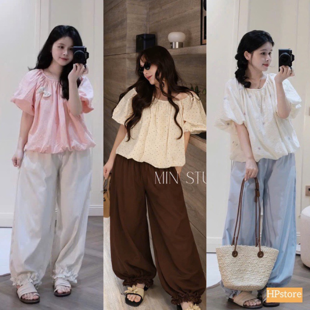 PP65- (HÌNH THẬT - Sẵn kho) Sét bộ bí phồng hoa nhí quần baggy bo chun bèo (40-60kg)