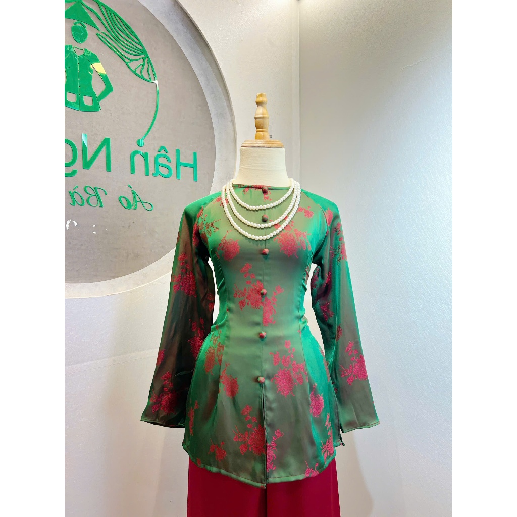 B.A196 - Áo Bà Ba Gấm Tơ Tằm Cúc Đại Ngọc Lục Nút Bọc Nụ Cổ Tròn Dây Kéo