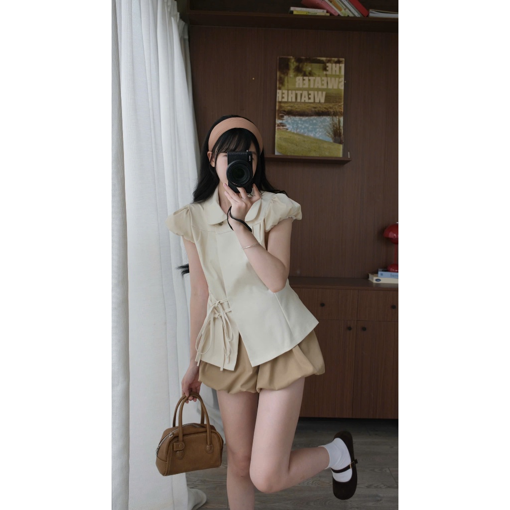 Áo kaki cổ sen tay bồng thắt dây eo Nữ the.sweaterweather TSW