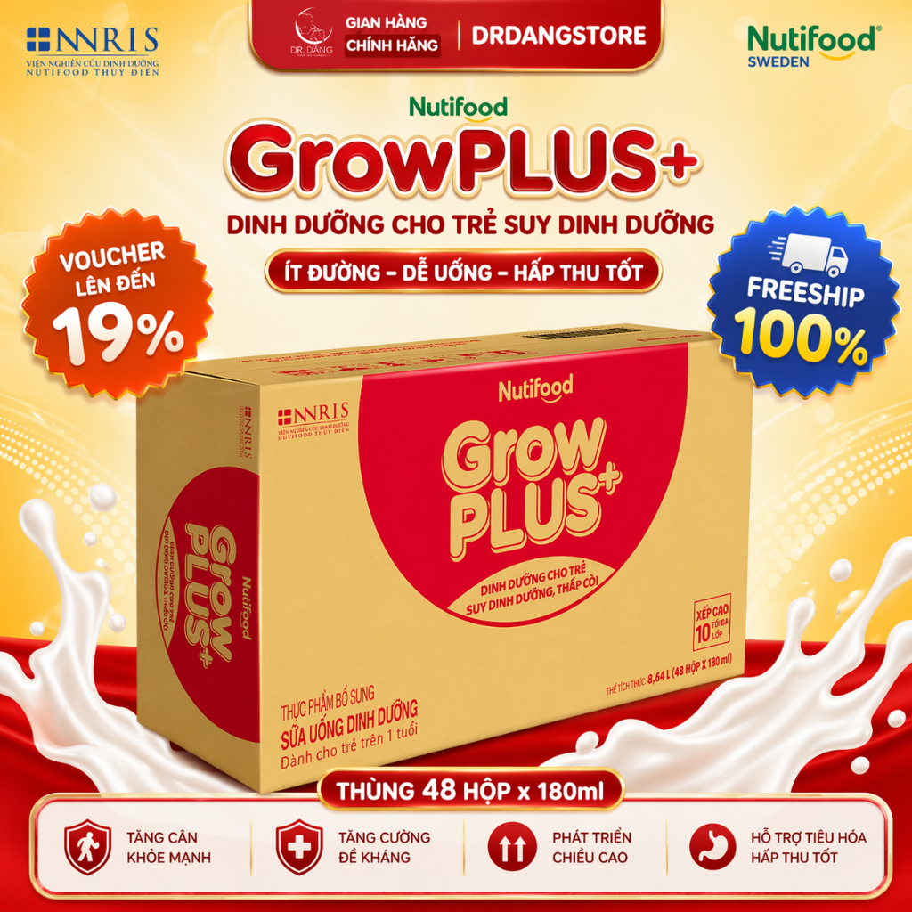 Thùng 48 hộp Nutifood GrowPLUS+ Suy Dinh Dưỡng (Đỏ) Ít đường 180ml