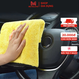 Khăn Lau Xe Ô Tô 2 Lớp Vàng Xám Có Móc Treo Khăn Microfiber Chuyên Dụng Không Đổ Lông, Không Phai