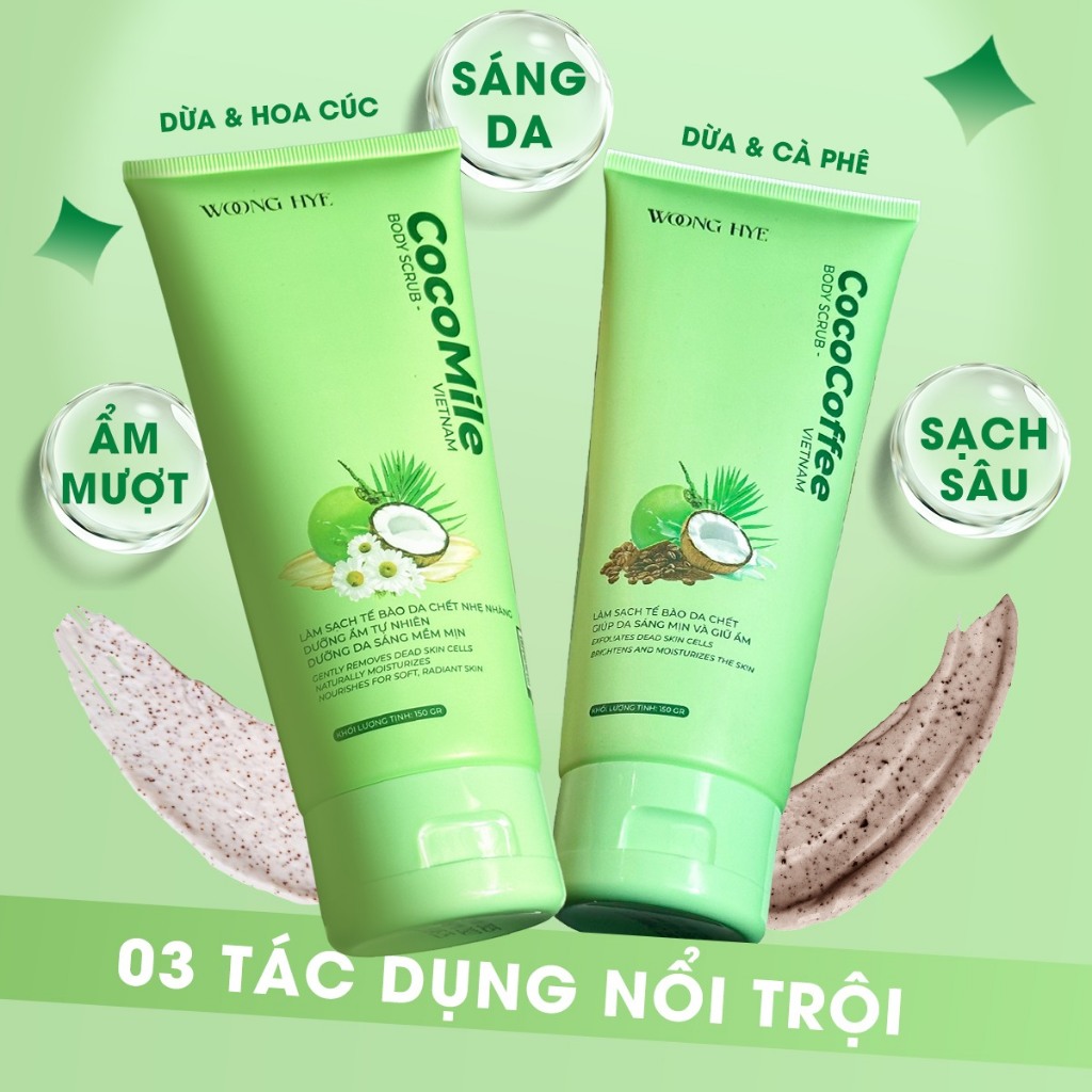 Sữa tẩy tế bào chết body dừa hoa cúc, giúp da trắng sáng, mượt mà WOONG HYE, 150gr - COCOMILE BODY SCRUB