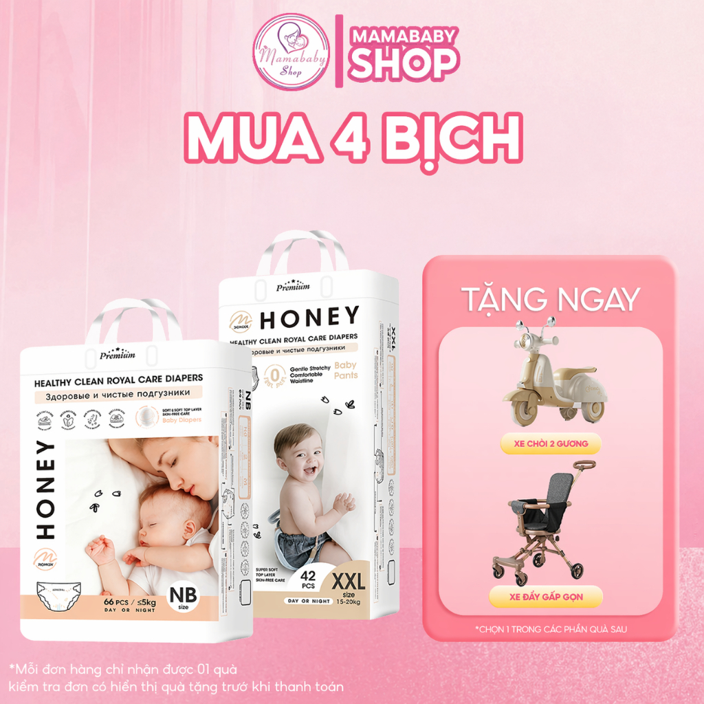 (Combo 4 bịch tặng quà) Tã dán bỉm quần Honey Premium siêu mỏng, thấm hút 1200ml cho bé đủ size