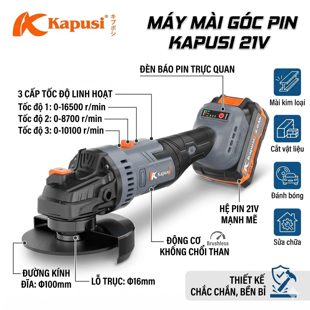 Máy Mài Góc Pin 21V Động Cơ Không Chổi Than K6886 KAPUSI - Máy Cắt Mài Cầm Tay Công Suất Mạnh Φ100mm