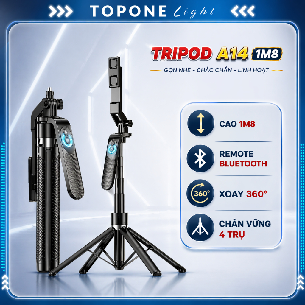 [Hỏa Tốc] Gậy Chụp Ảnh Selfie 4 Chân A14 1M8 Điều Khiển Từ Xa Tripod Chụp Ảnh | Phụ Kiện Top One