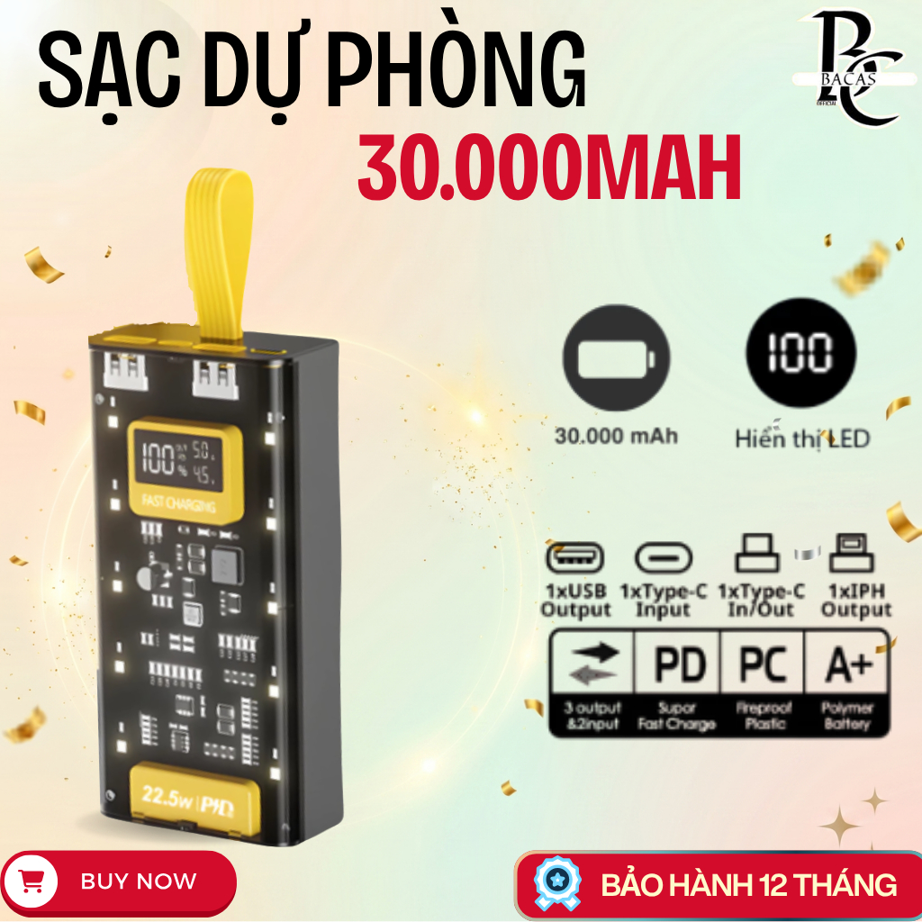 Sạc Dự Phòng 30.000mAh, Công suất cực đại 120W, Thiết kế 4 dây sạc sẵn, Màn hình LED thông minh %Pin