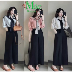 DX_ Set công sở, bộ áo sơ mi tay dài Lụa kèm choàng, quần dài suông Tuyết Mưa khoá thun sau