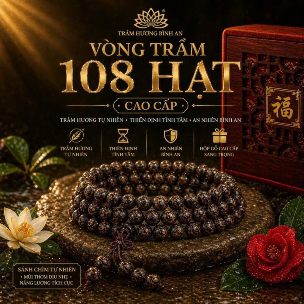 Vòng Tay Trầm Hương Sánh chìm 108 Hạt Quảng Nam Cao Cấp - Chuỗi Đeo Tay Nam Nữ Thiền Định, Phong Thủy (Thơm Tự Nhiên)