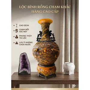 Lộc Bình Đá Đúc 52cm Chạm Rồng Nổi - Bình Hoa Phong Thủy Tài Lộc, Trang Trí Phòng Khách Cao Cấp