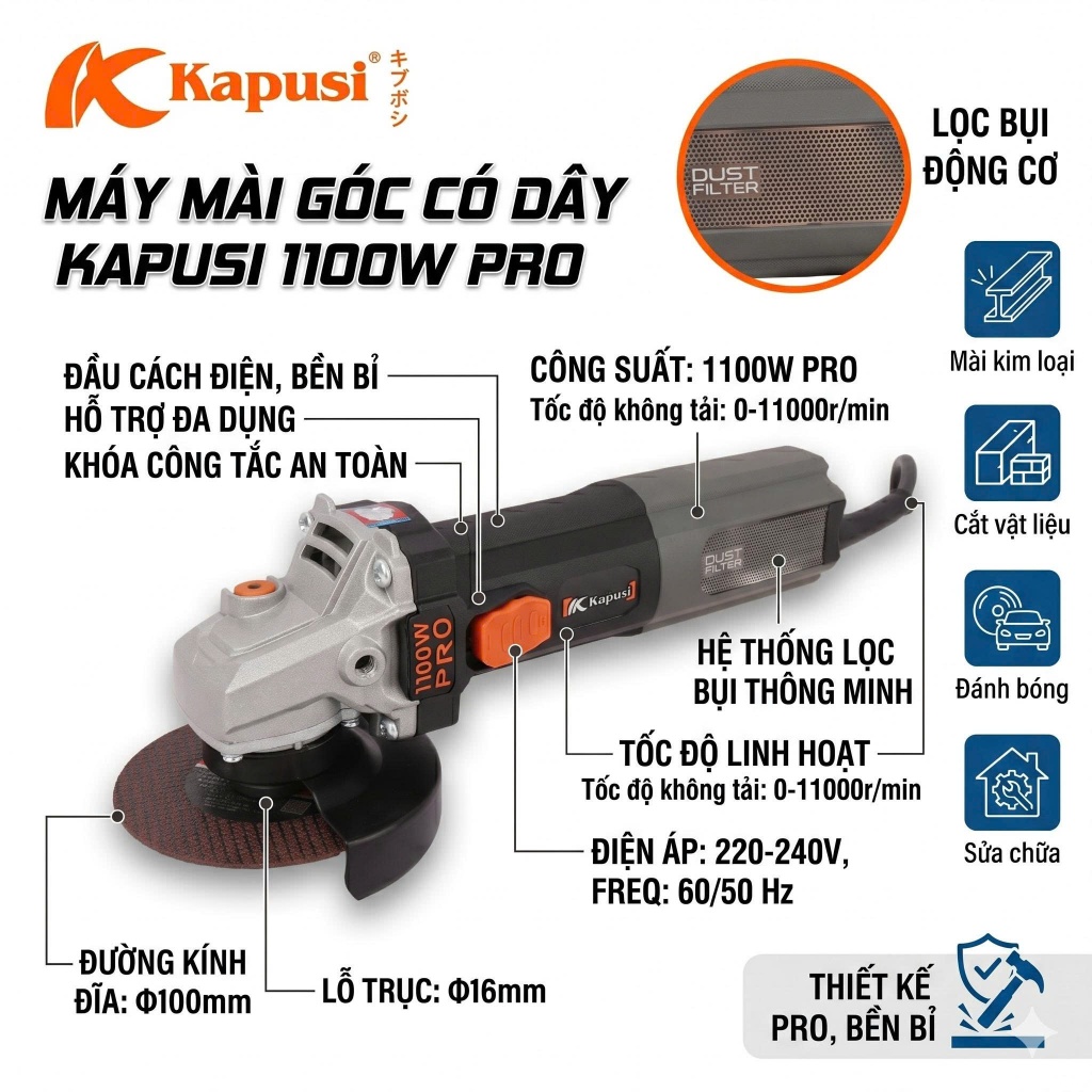 Máy Mài Góc KAPUSI 1100W PRO Có Dây - Máy Cắt Cầm Tay Φ100mm Lọc Bụi Động Cơ