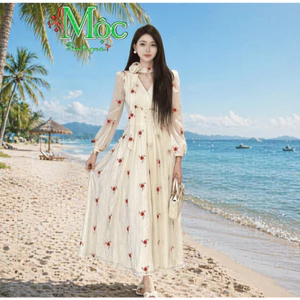 Đầm váy dài, đầm công sở đi tiệc Voan Tơ gãy hoạ tiết 2 lớp mút ngực nhún eo đính ngọc dáng dài