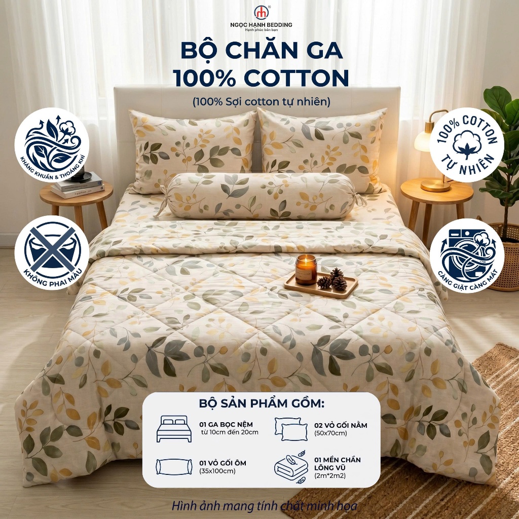 [Nệm 10 15 20cm] BỘ CHĂN GA COTTON 100%, KHÔNG PHA POLY, THOÁNG MÁT, CÀNG GIẶT CÀNG MÁT - Ngọc Hạnh Bedding