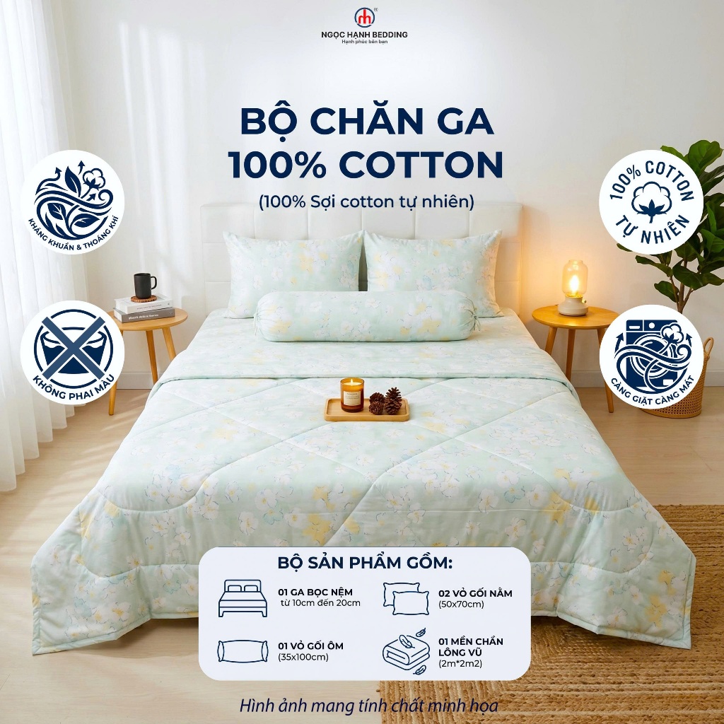 [Nệm 10 15 20cm] BỘ CHĂN GA COTTON 100%, KHÔNG PHA POLY, THOÁNG MÁT, CÀNG GIẶT CÀNG MÁT - Ngọc Hạnh Bedding