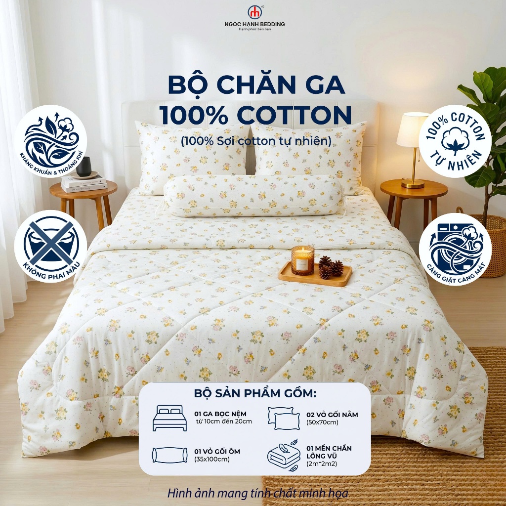 [Nệm 10 15 20cm] BỘ CHĂN GA COTTON 100%, KHÔNG PHA POLY, THOÁNG MÁT, CÀNG GIẶT CÀNG MÁT - Ngọc Hạnh Bedding