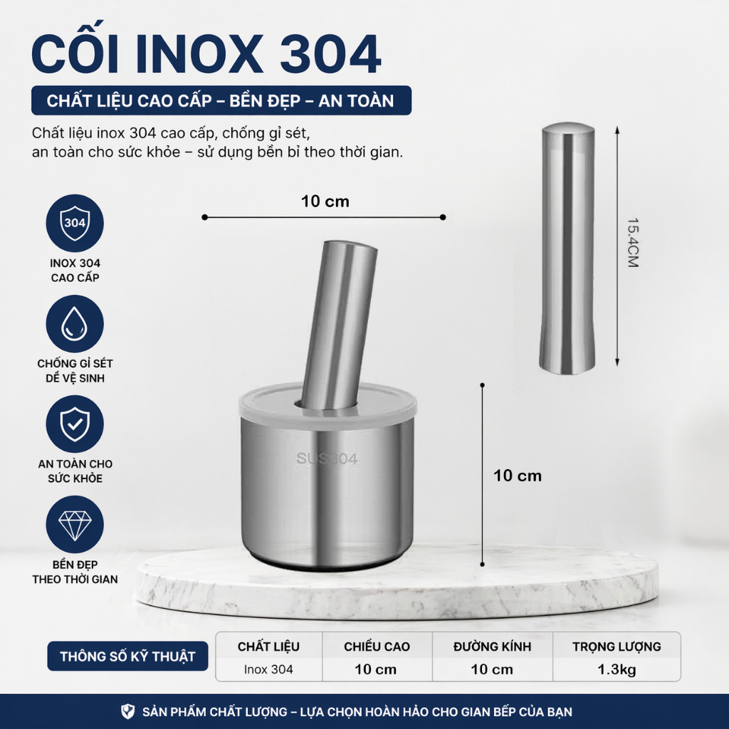 Bộ chày cối giã tay inox 304 kháng khuẩn 99,9% size nhỏ