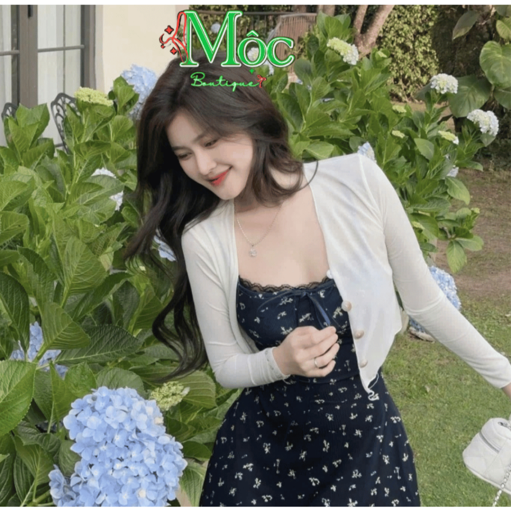 Set đầm ngắn, set mặc hè đi biển váy Tăm ngắn cột nơ in hoa phối ren kèm áo khoác Tăm tay dài