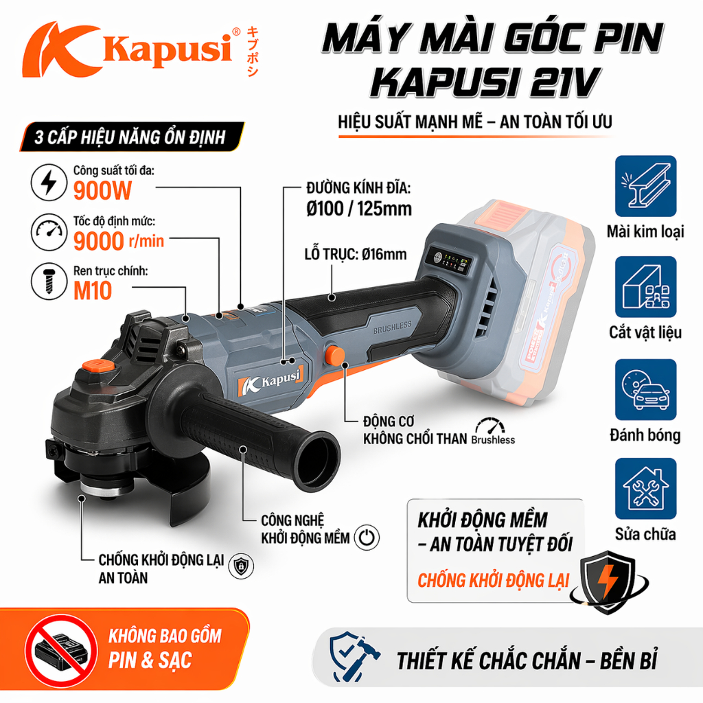 Thân Máy Mài Góc Pin KAPUSI K-6675 21V Công Suất 900W Động Cơ Không Chổi Than