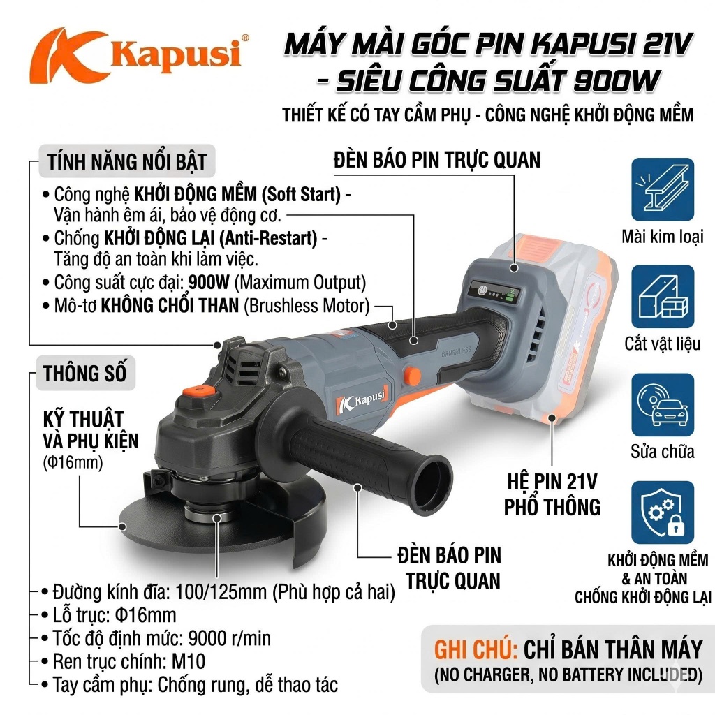 Thân Máy Mài Góc Pin KAPUSI K-6675 21V Công Suất 900W Động Cơ Không Chổi Than