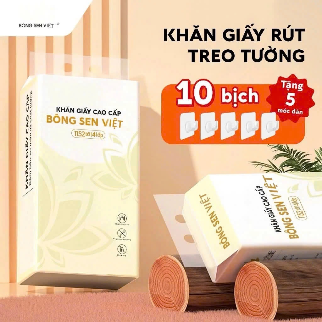 Thùng 10 bịch Khăn Giấy Rút Treo Tường Bông Sen Việt 1200Tờ, Tặng Kèm 4 Móc Treo Tường