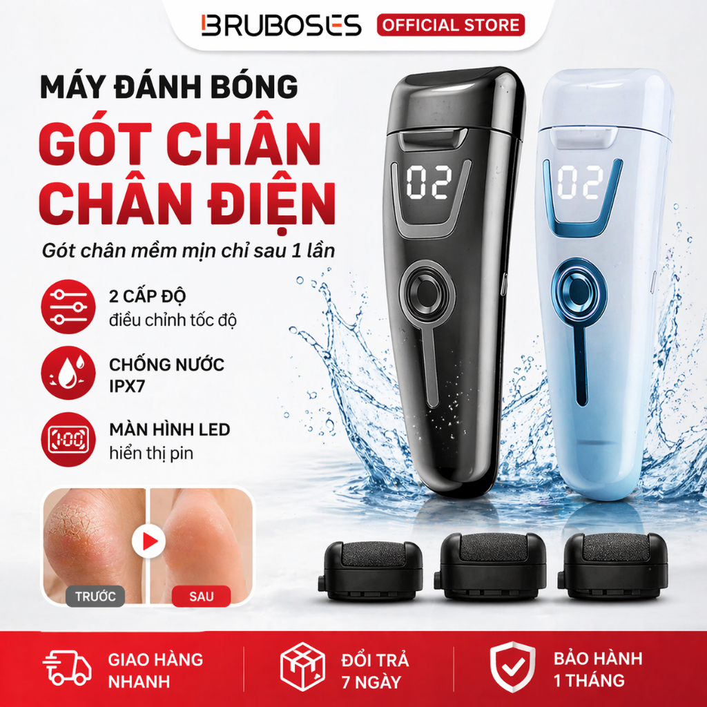 Bruboses Máy Mài Gót Chân Điện 3 Đầu Mài, Tẩy Da Chết Chai Sần, 2 Tốc Độ, Pin 2000mAh, Chống Nước IPX7