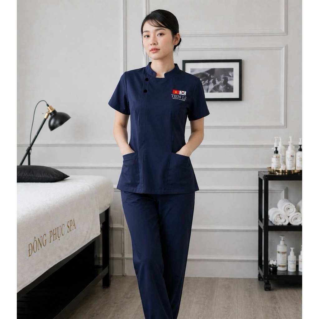 Đồng phục cổ tàu spa,thẩm mỹ viện cao cấp chất liệu cotto lạnh hành thiết kế