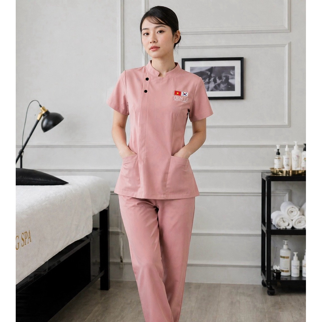 Đồng phục cổ tàu spa,thẩm mỹ viện cao cấp chất liệu cotto lạnh hành thiết kế