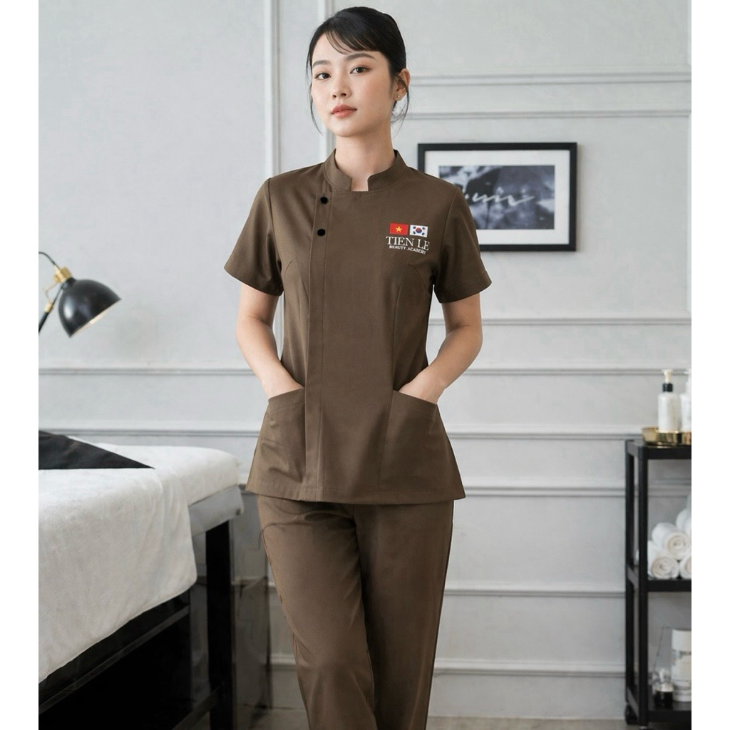 Đồng phục cổ tàu spa,thẩm mỹ viện cao cấp chất liệu cotto lạnh hành thiết kế